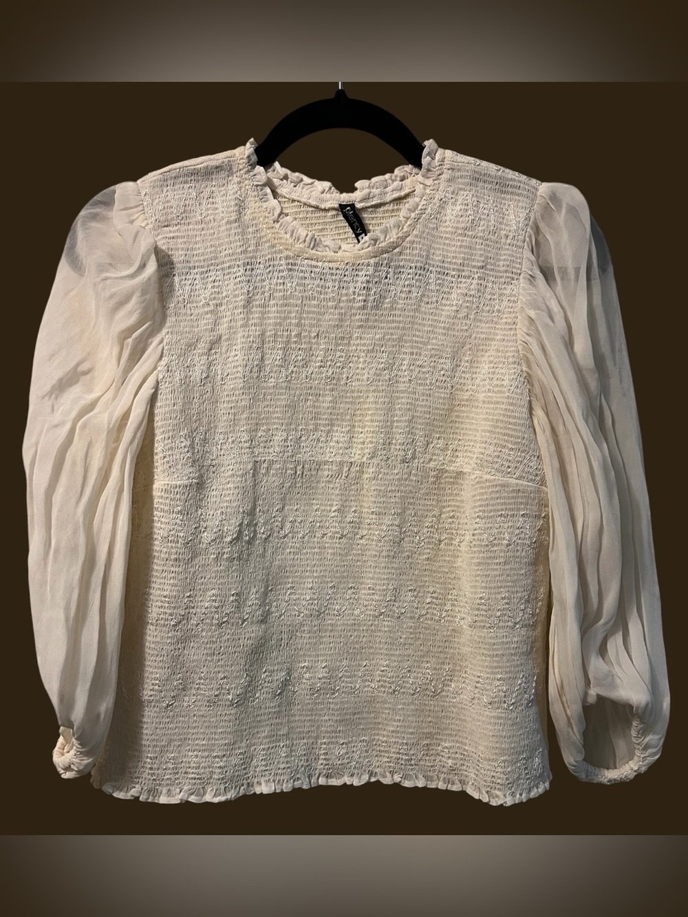 Tracy Reese Cream Smocked Bodice Blouse with Chiffon Puff Sleeves